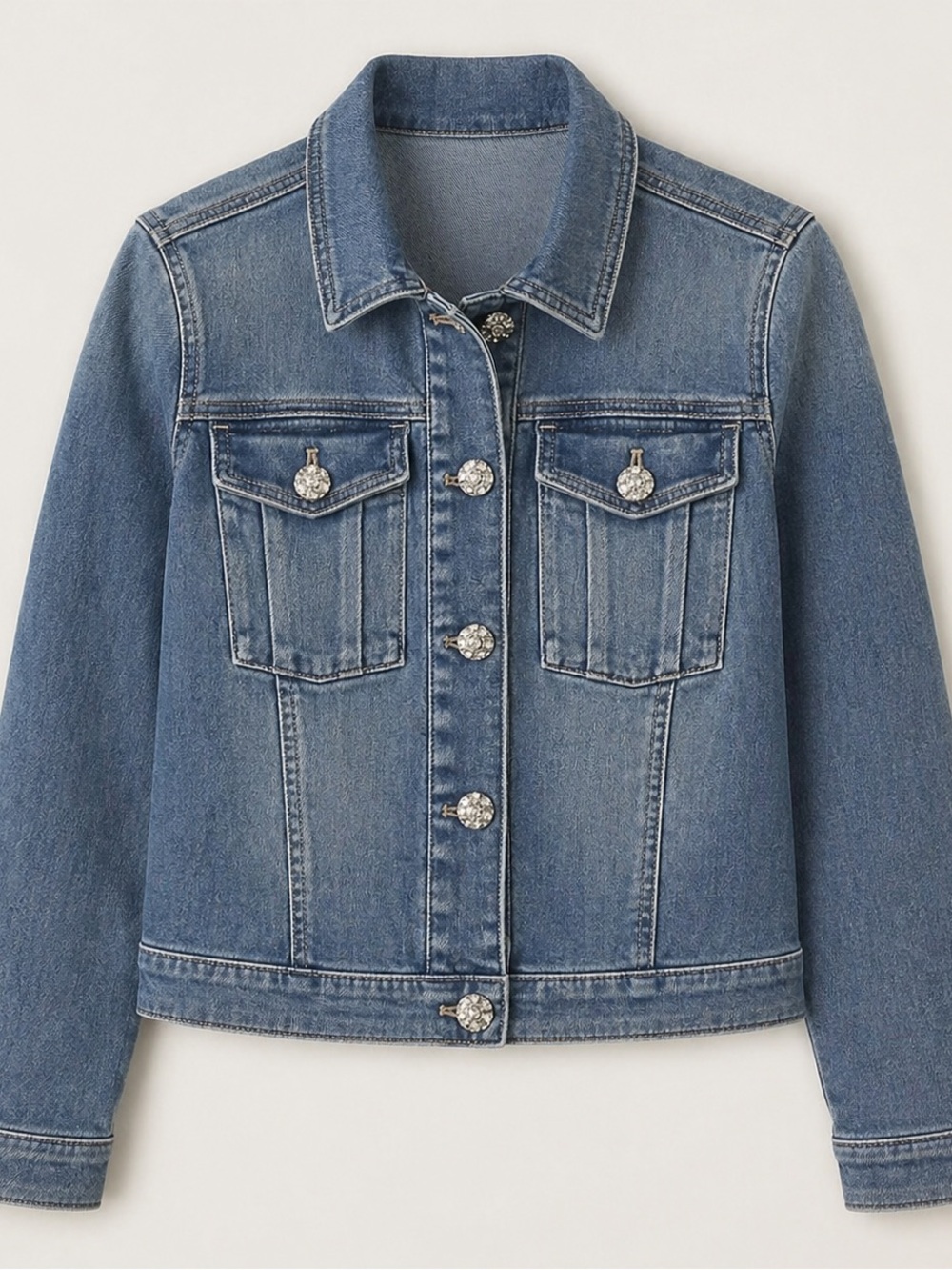 White House Black Market Cropped Denim Jacket with Rhinestone Buttons. Size: